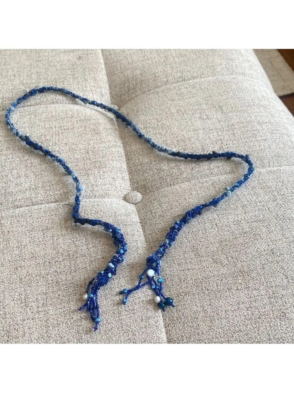 Handmade Blue Beaded Lariat Necklace 41”